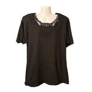 Womens Handmade Cache Junction Black Cotton Shirt Lace Neckline XL Short Slv NWT